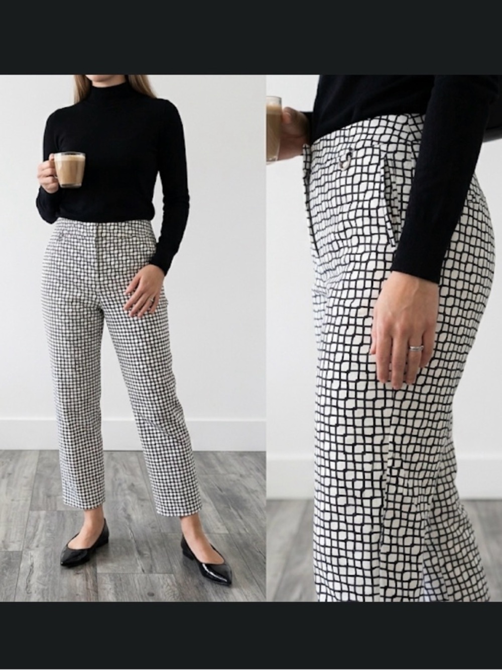 Adrianna Papell Geometric Grid Ankle Pants Sz 12 Black White Mod Academia Retro